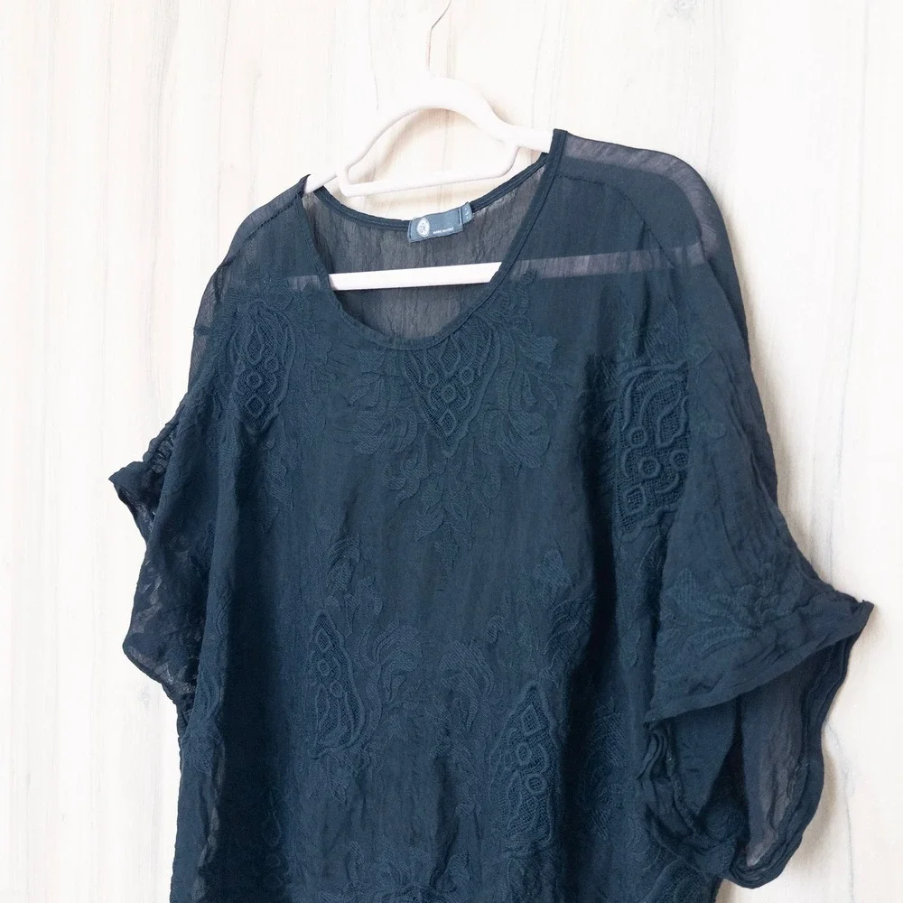 Womens Sheer Embroidered Blouse L Black Floral Italy Layer Witchy Boho Boxy Goth